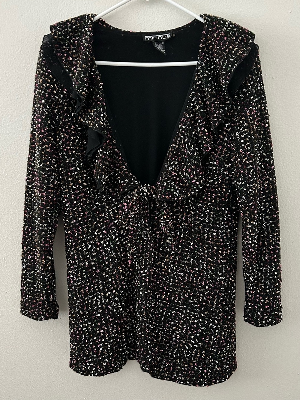 Mishca Textured Ruffle Collar Cardigan Sweater Petite Womens S Black Multicolor